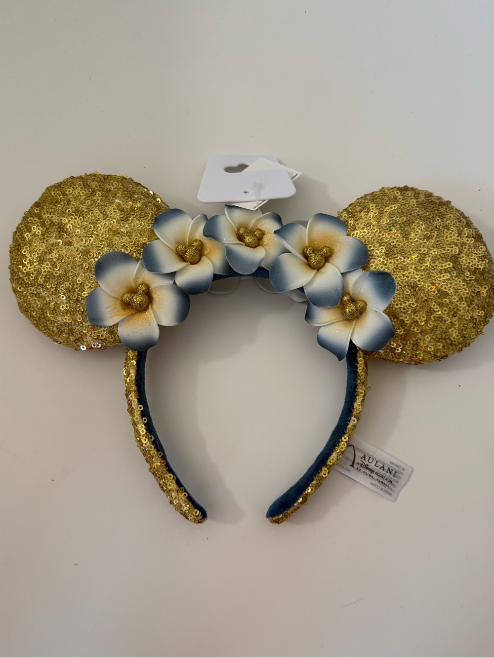 Disney Aulani Hawaii Gold Plumeria Flower Minnie Ears Headband Gold Sequins